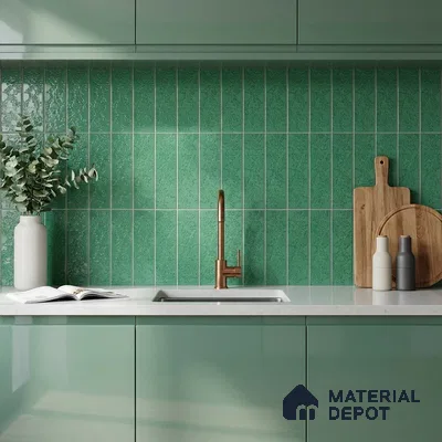 Modern Kitchen with Emerald Green Glossy Vertical Subway Tile and Green Cabinets