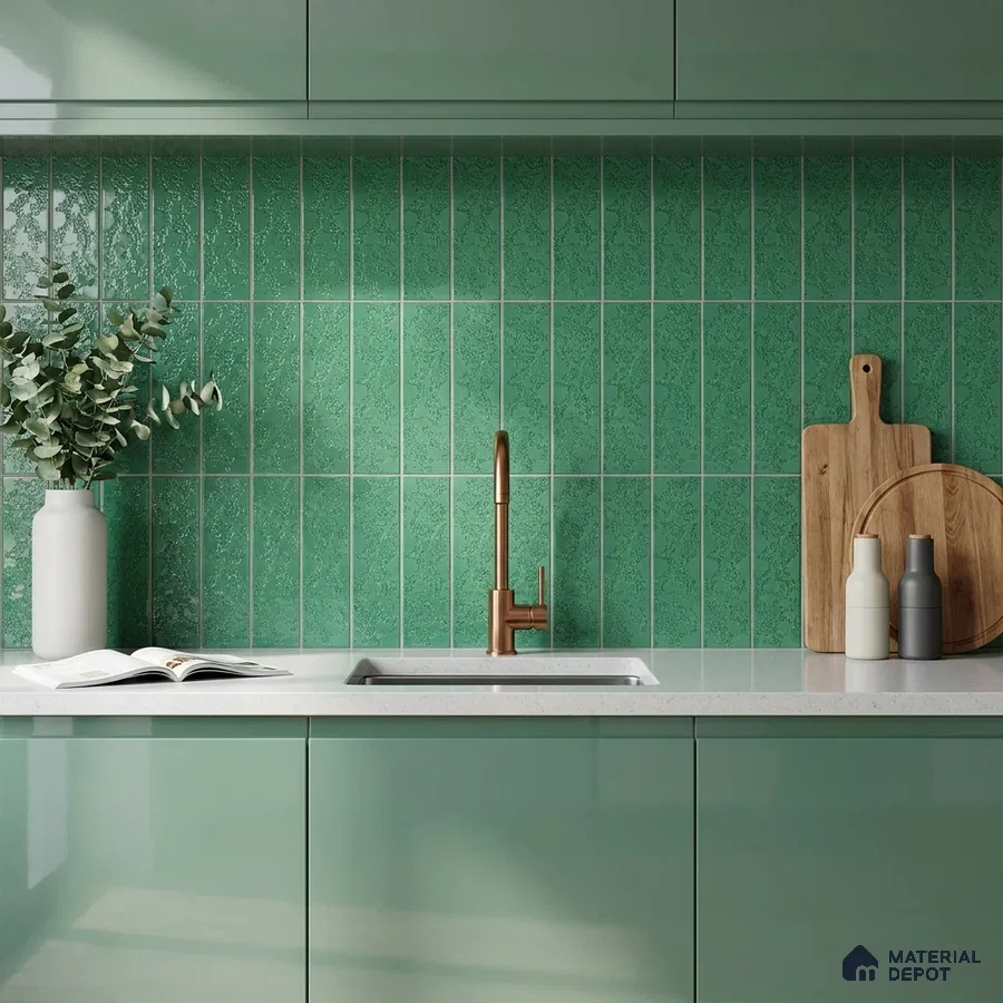 Modern Kitchen with Emerald Green Glossy Vertical Subway Tile and Green Cabinets