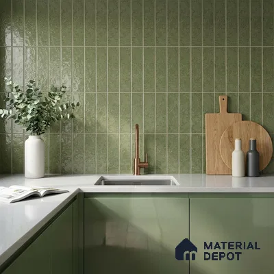 Modern Kitchen with Sage Green Glossy Vertical Subway Tile and Green Cabinets