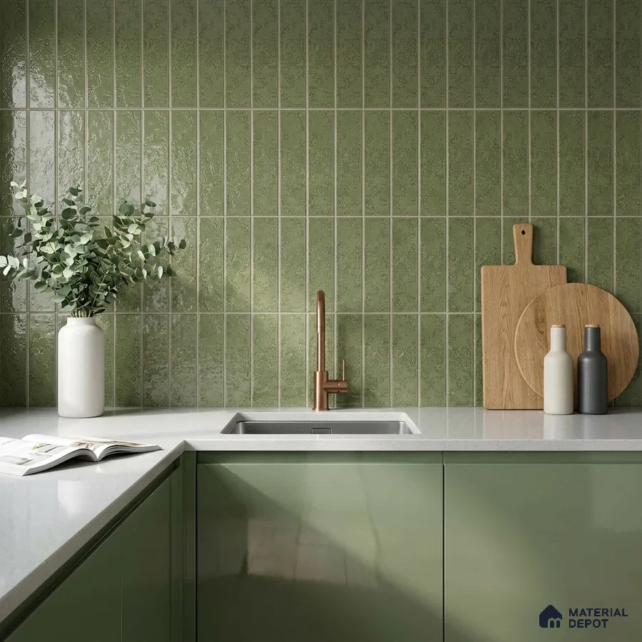Modern Kitchen with Sage Green Glossy Vertical Subway Tile and Green Cabinets