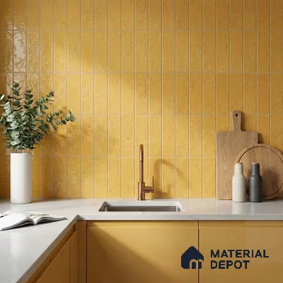 Modern Kitchen with Honey Yellow Glossy Vertical Subway Tile and Yellow Cabinets