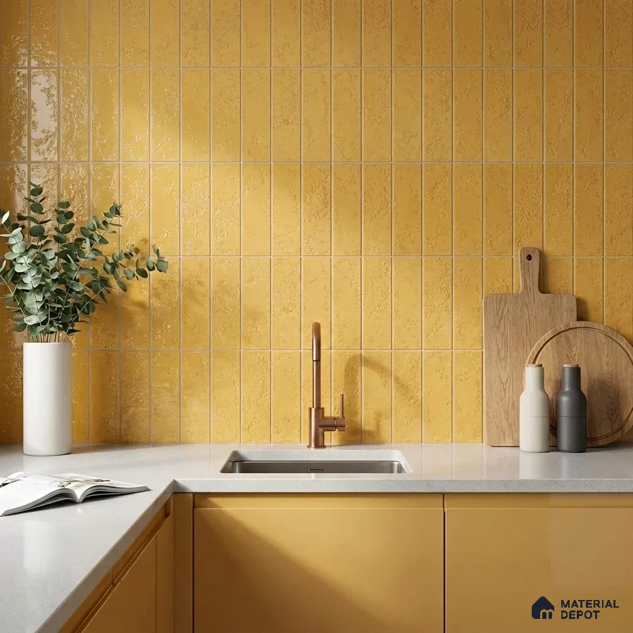Modern Kitchen with Honey Yellow Glossy Vertical Subway Tile and Yellow Cabinets