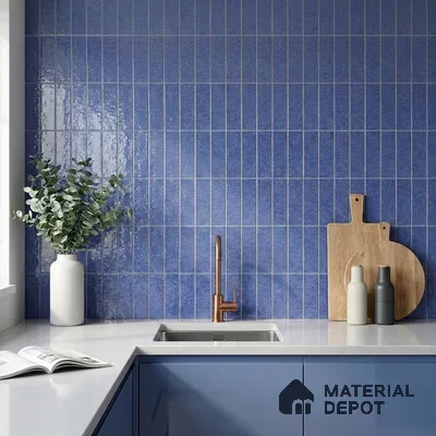 Modern Kitchen with Indigo Blue Glossy Vertical Subway Tile and Blue Cabinets