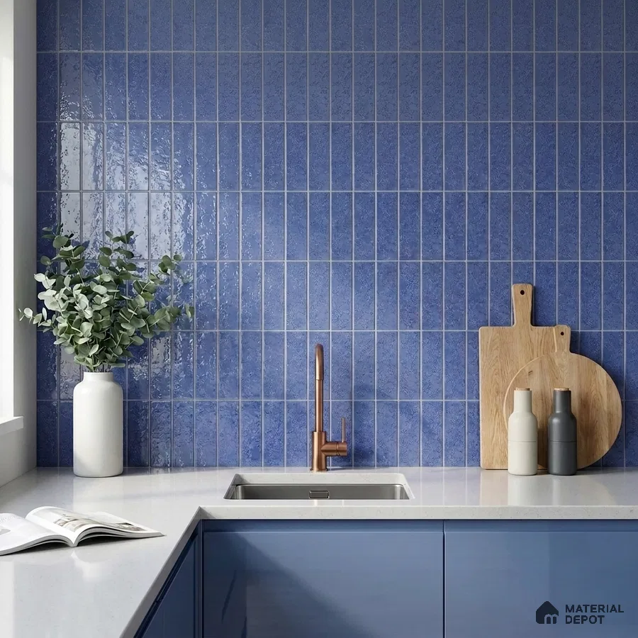 Modern Kitchen with Indigo Blue Glossy Vertical Subway Tile and Blue Cabinets