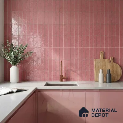 Modern Kitchen with Dusty Rose Pink Glossy Vertical Subway Tile and Pink Cabinets