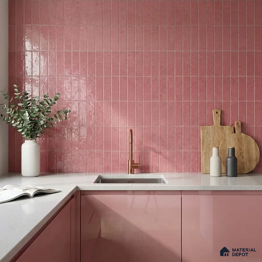 Modern Kitchen with Dusty Rose Pink Glossy Vertical Subway Tile and Pink Cabinets