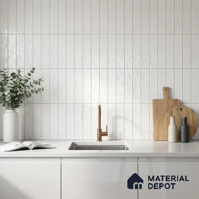 Modern Kitchen with Snow White Glossy Vertical Subway Tile Backsplash