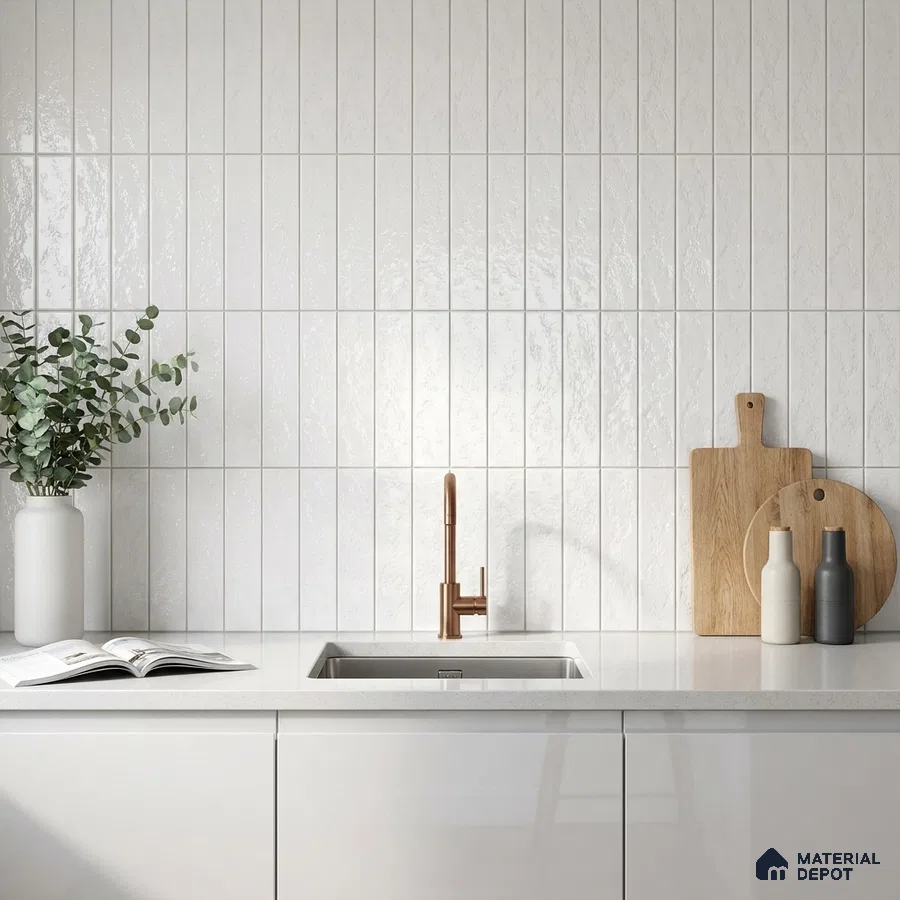Modern Kitchen with Snow White Glossy Vertical Subway Tile Backsplash