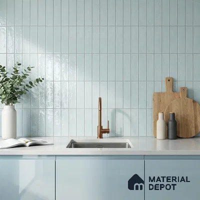 Modern Kitchen with Soft Aqua Glossy Vertical Subway Tile and Light Blue Cabinets