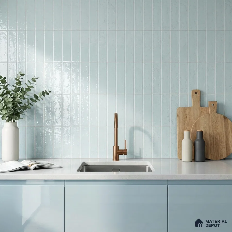 Modern Kitchen with Soft Aqua Glossy Vertical Subway Tile and Light Blue Cabinets