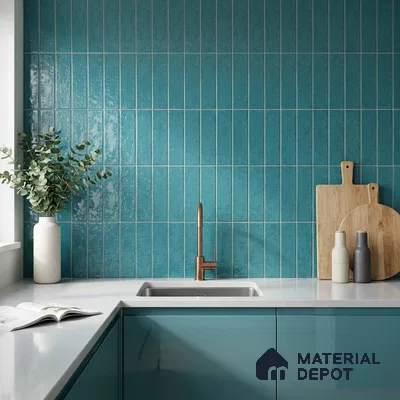 Modern Kitchen with Teal Blue Glossy Vertical Subway Tile and Teal Cabinets