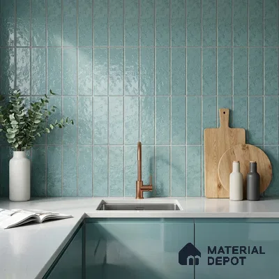 Modern Kitchen with Aqua Mist Glossy Vertical Subway Tile and Green Cabinets