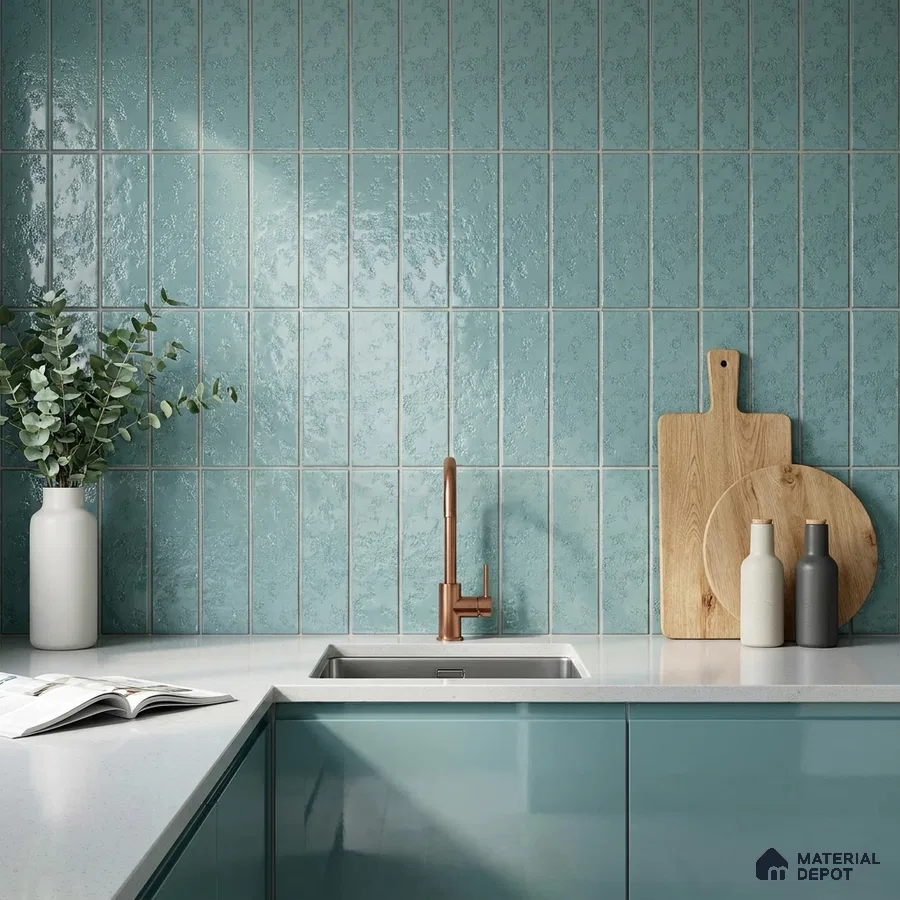 Modern Kitchen with Aqua Mist Glossy Vertical Subway Tile and Green Cabinets