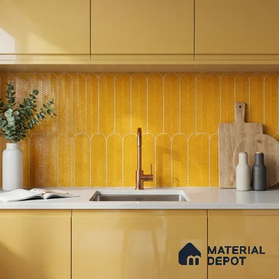 Art Deco Kitchen with Honey Yellow Arch Pattern Backsplash Tile and Yellow Cabinets