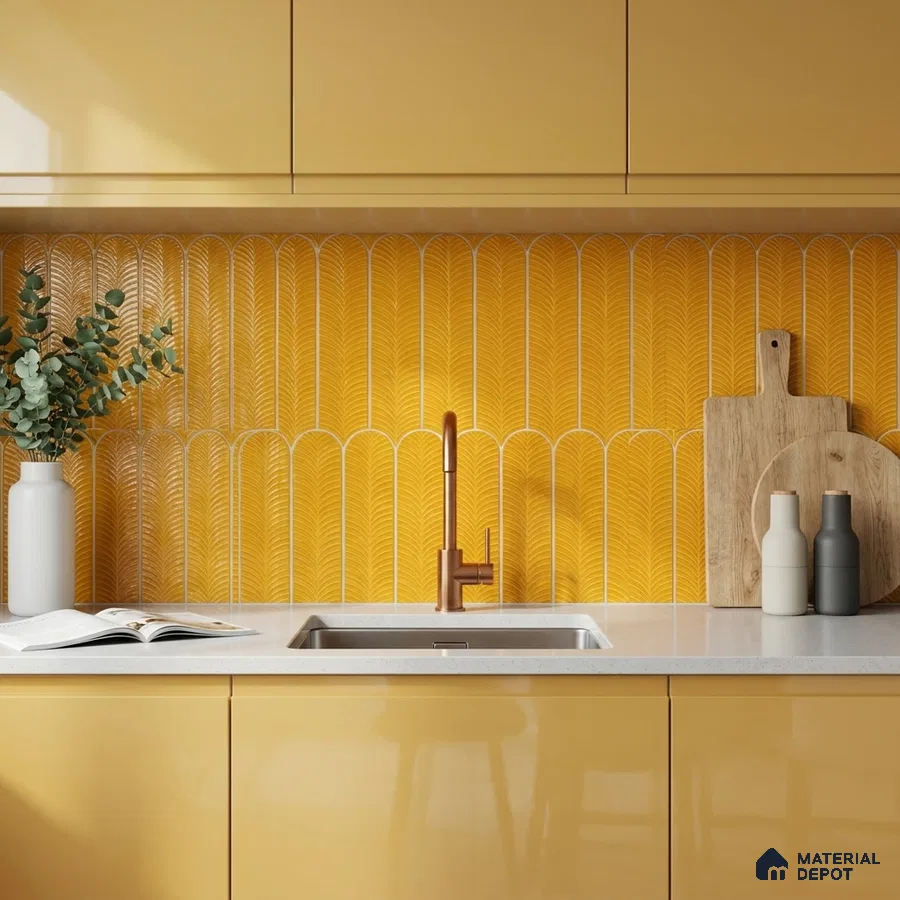 Art Deco Kitchen with Honey Yellow Arch Pattern Backsplash Tile and Yellow Cabinets
