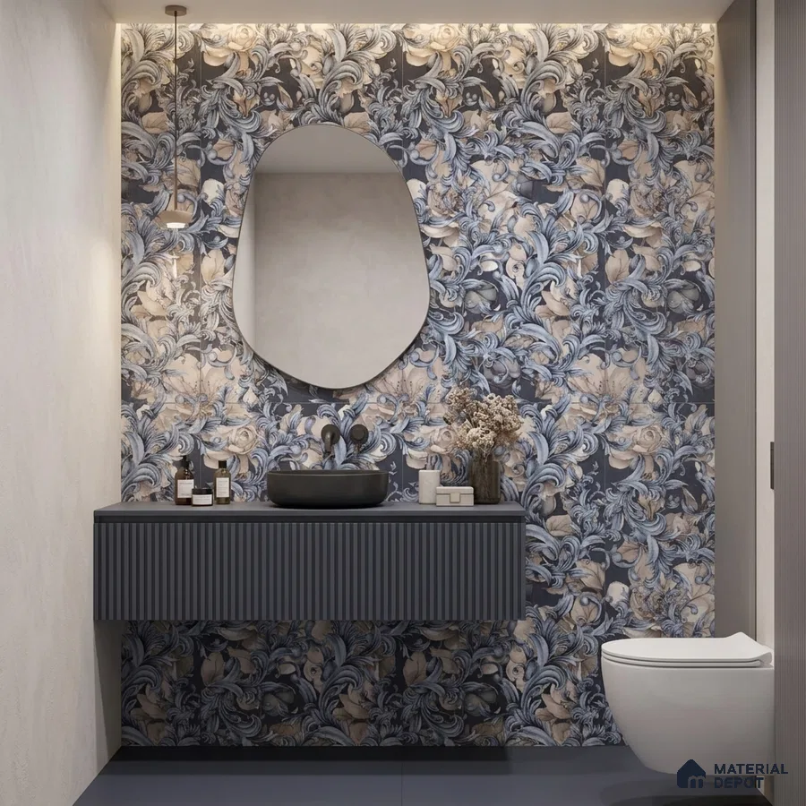Modern bathroom with blue and beige floral patterned wall tile and fluted vanity