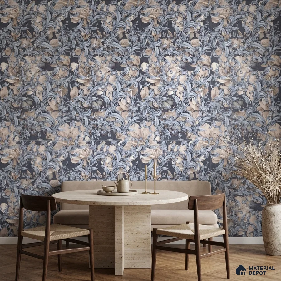 Art Deco dining room with ornate floral tile and travertine dining table