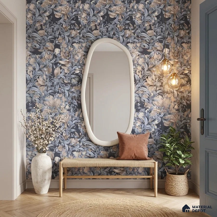 Eclectic foyer with blue and beige floral tile, natural wood bench, and herringbone wooden flooring