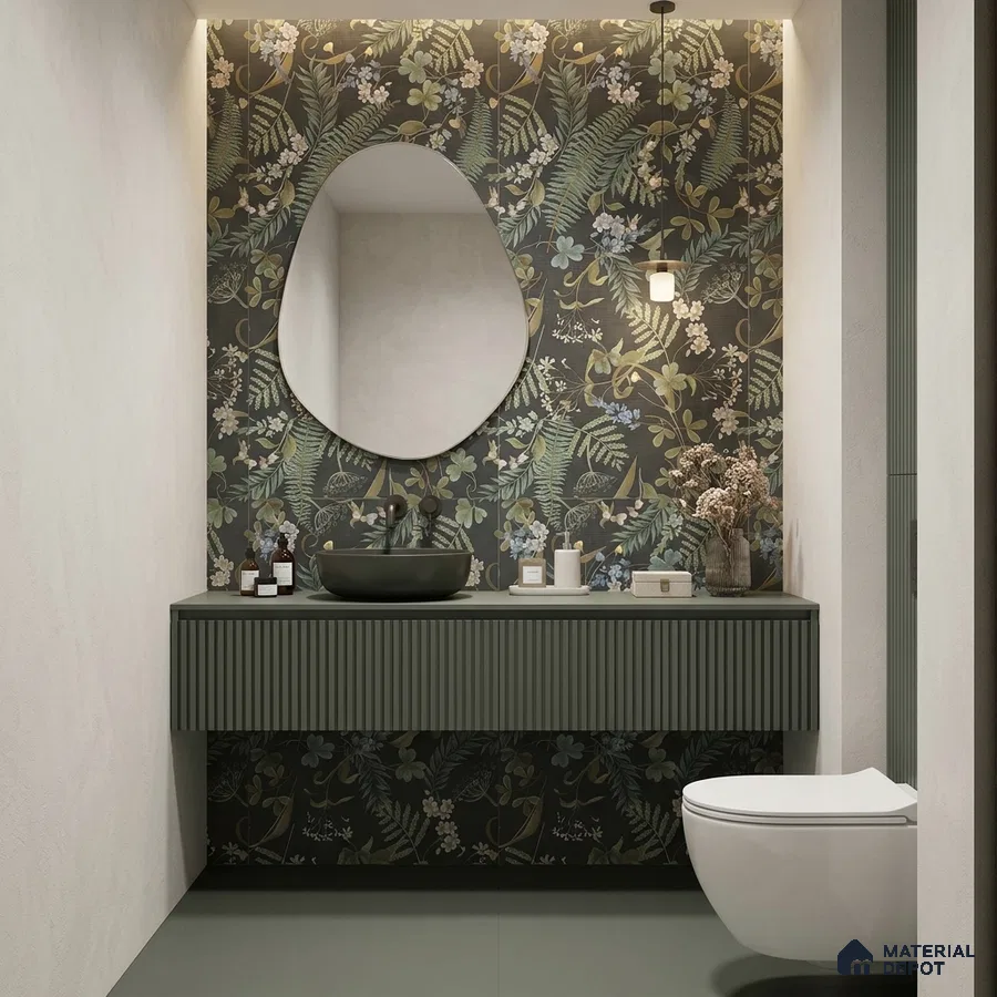 Modern bathroom with floral patterned wall tile, olive green fluted vanity, and matte green floor tile