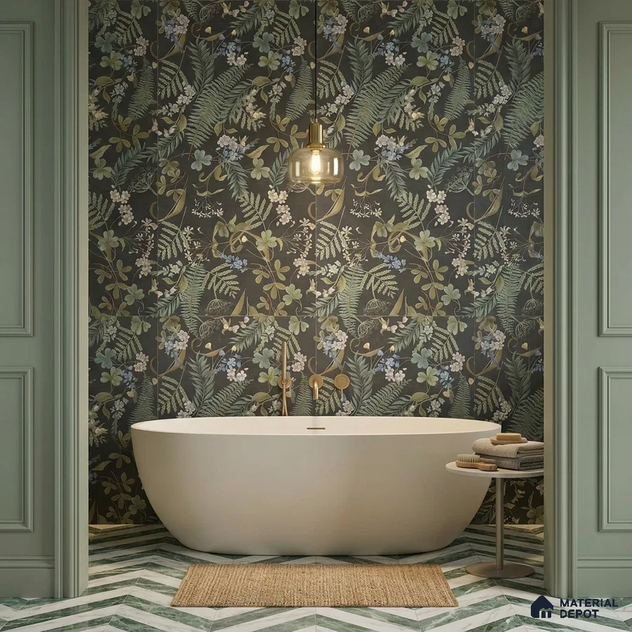 Art Deco bathroom with floral patterned wall tile and chevron green marble floor tile