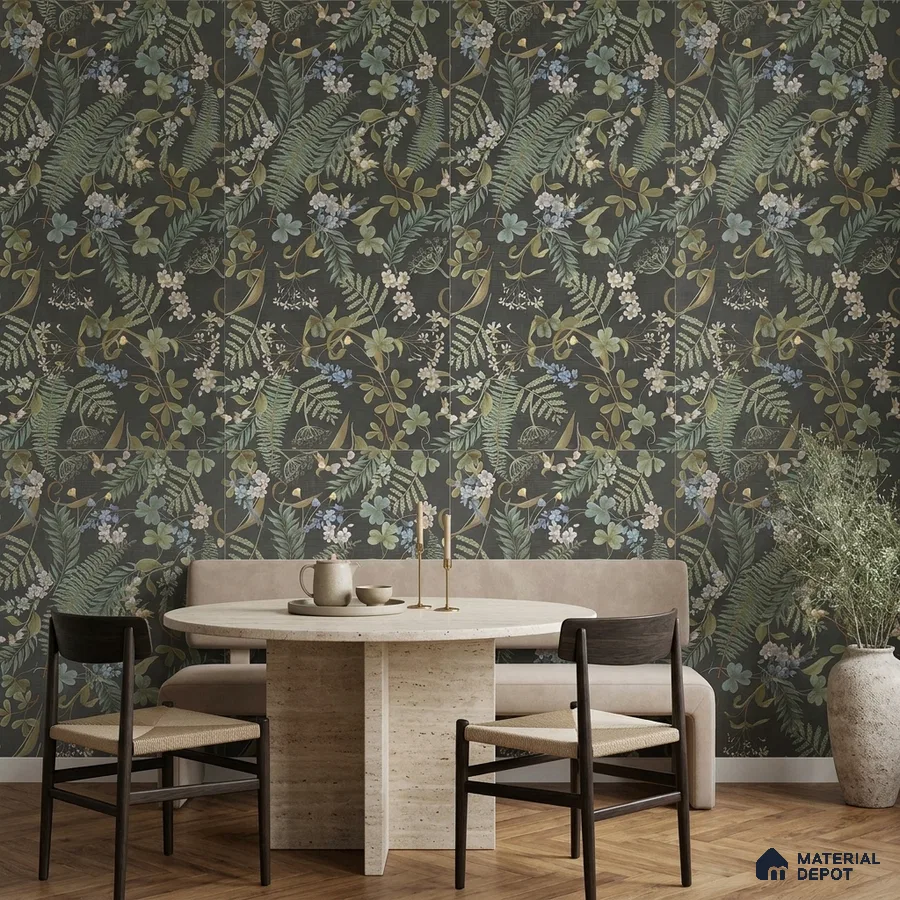 Mid-century modern dining room with floral tile and travertine table