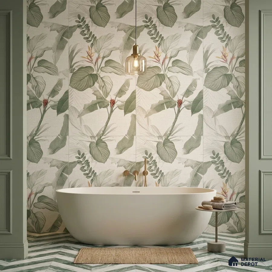 Modern bathroom with tropical floral wall tiles and chevron patterned green floor tiles