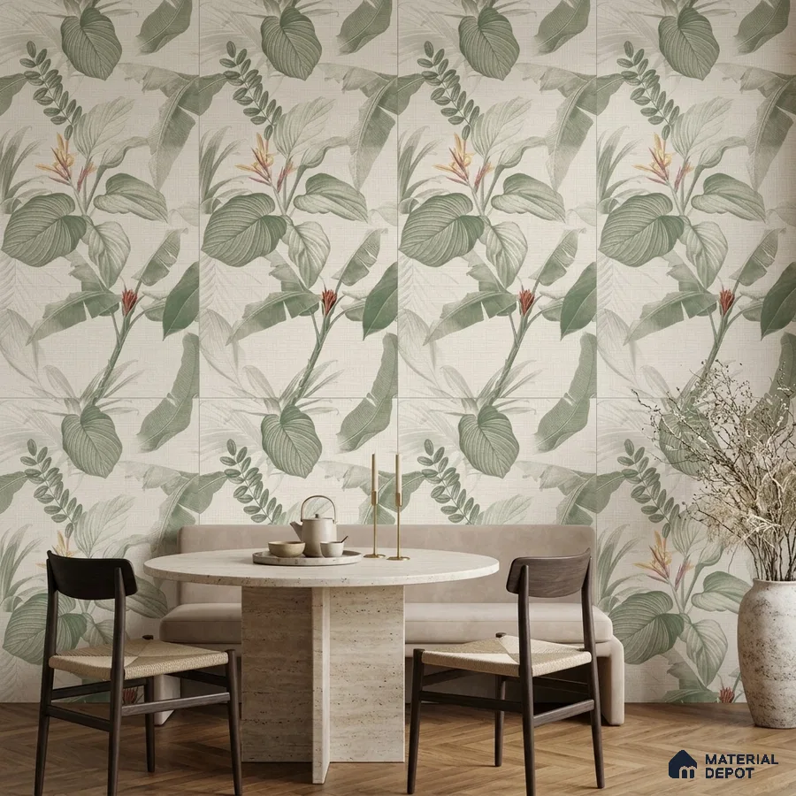 Scandinavian dining room with tropical floral tile and travertine dining table