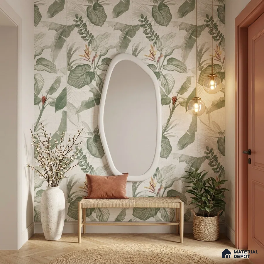 Scandinavian foyer with tropical floral tile, natural wood bench, and herringbone wooden flooring