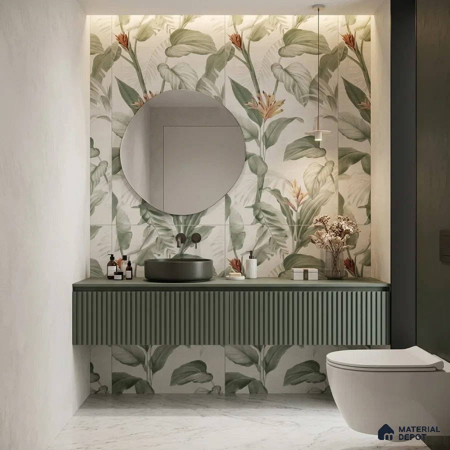Modern bathroom with tropical floral wall tiles, sage green fluted vanity, and white marble floor tiles