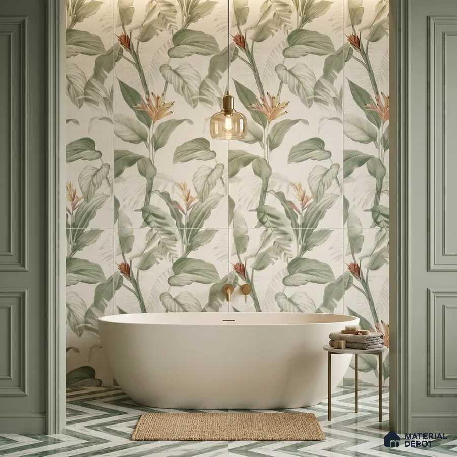 Modern bathroom with tropical floral wall tiles and chevron green-and-white floor tiles