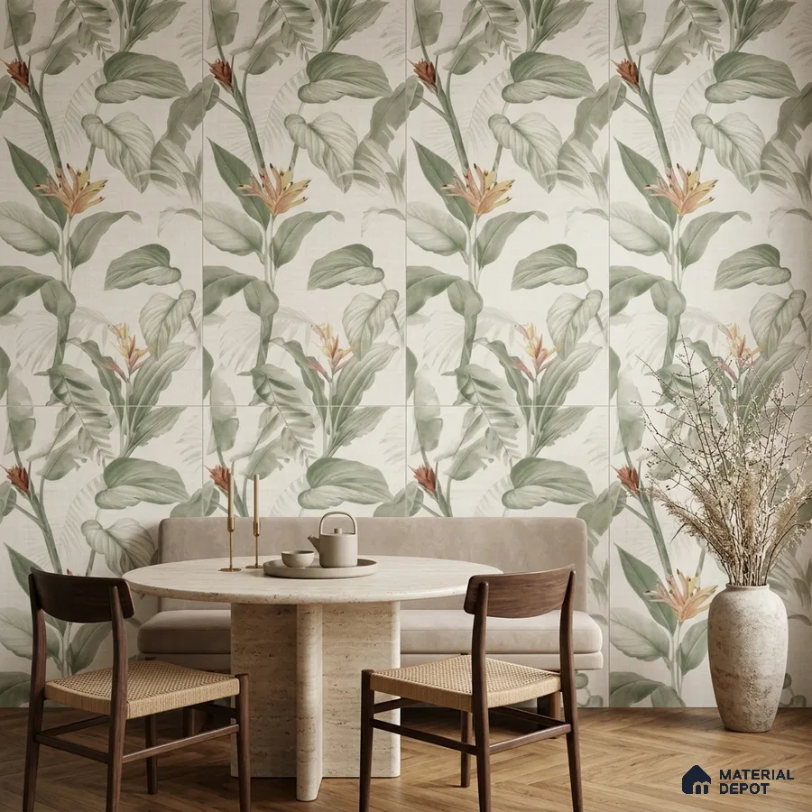 Scandinavian dining room with tropical floral tile and travertine dining table