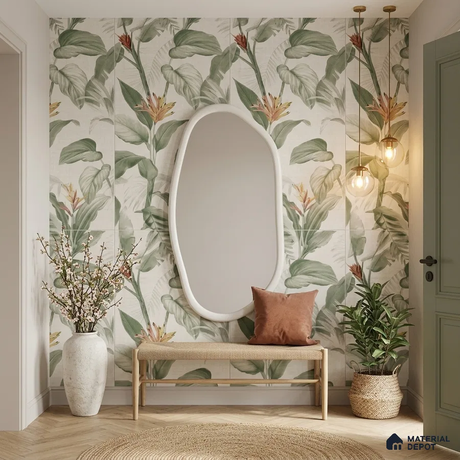 Scandinavian foyer with tropical floral tile and natural wood bench