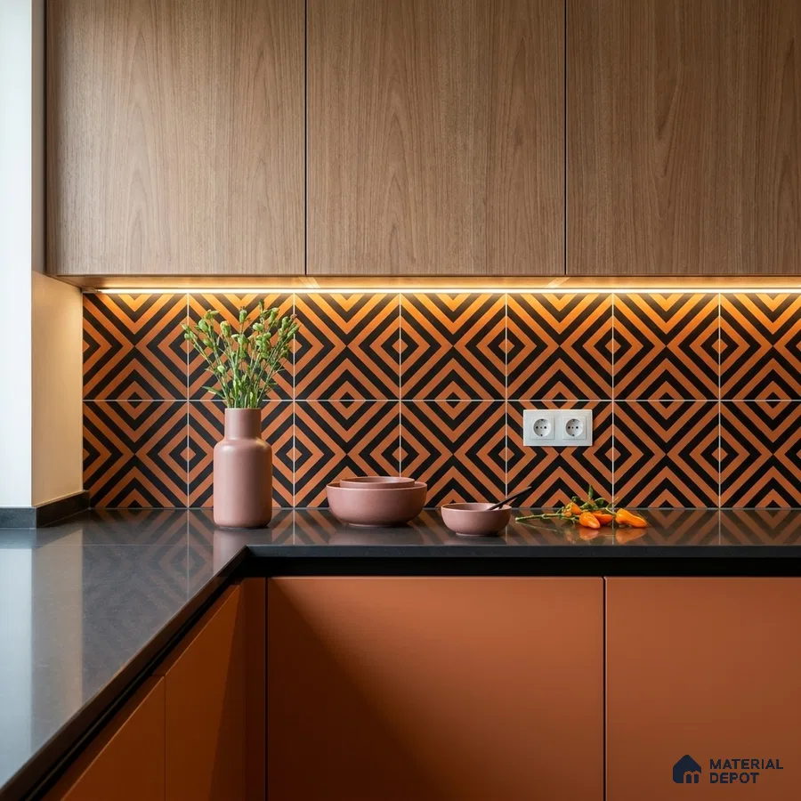 Modern kitchen with terracotta laminate cabinets, walnut laminate shutters, and geometric patterned backsplash tiles