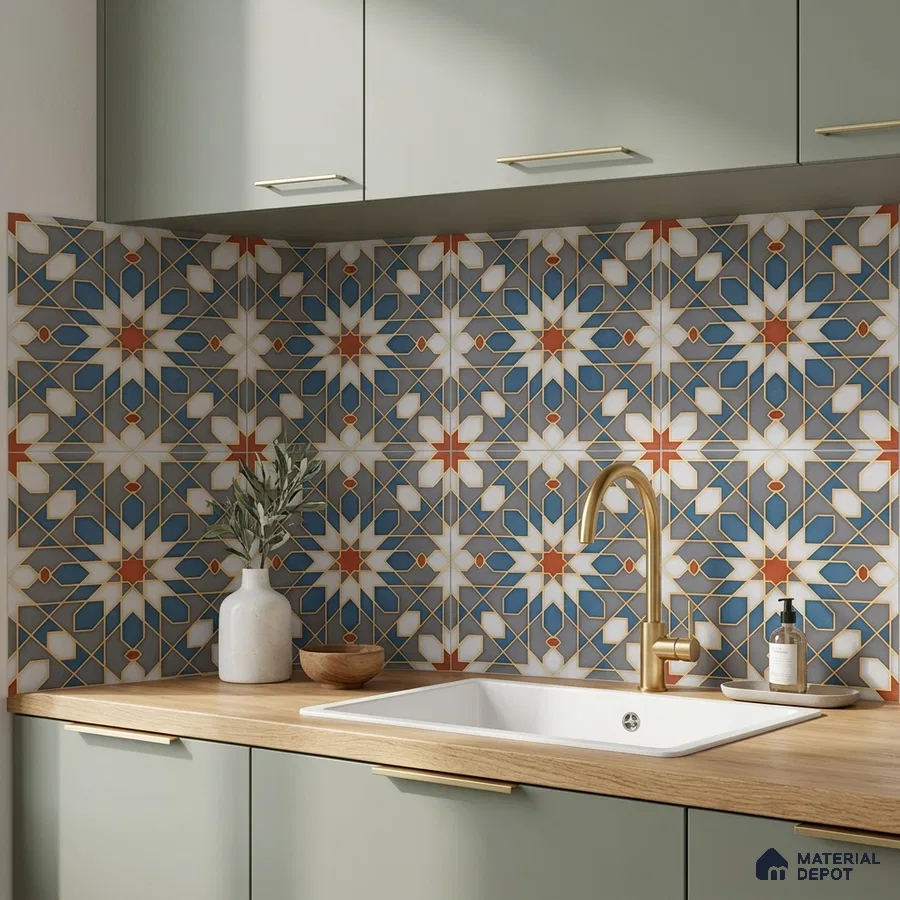 Modern kitchen with sage green laminate cabinets, patterned moroccan backsplash tile, and wood countertop