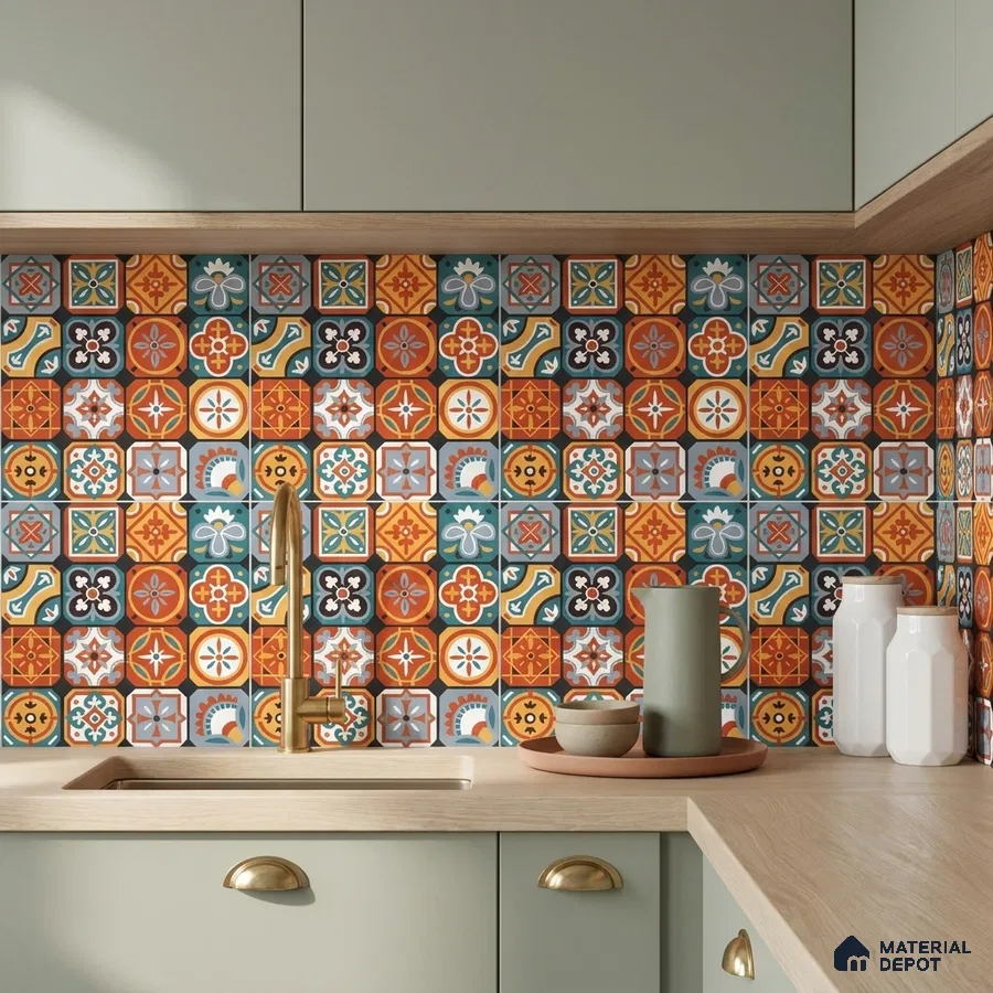 Mediterranean kitchen with patterned moroccan backsplash tiles and sage green laminate cabinets