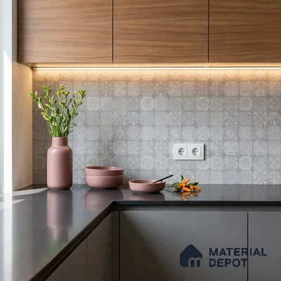 Modern kitchen with walnut wood laminate, grey patterned backsplash tile, and grey quartz countertop