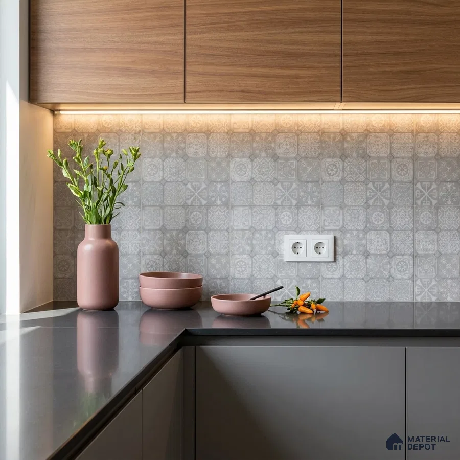 Modern kitchen with walnut wood laminate, grey patterned backsplash tile, and grey quartz countertop
