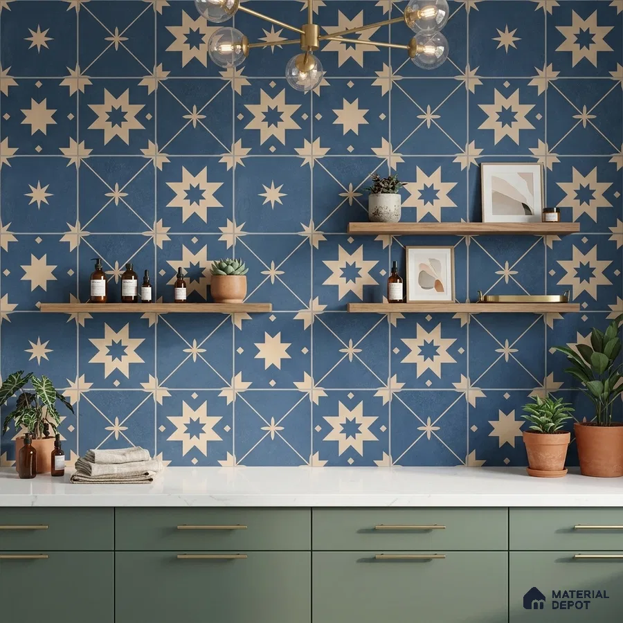 Modern kitchen with blue geometric star patterned wall tiles and sage green laminate cabinets