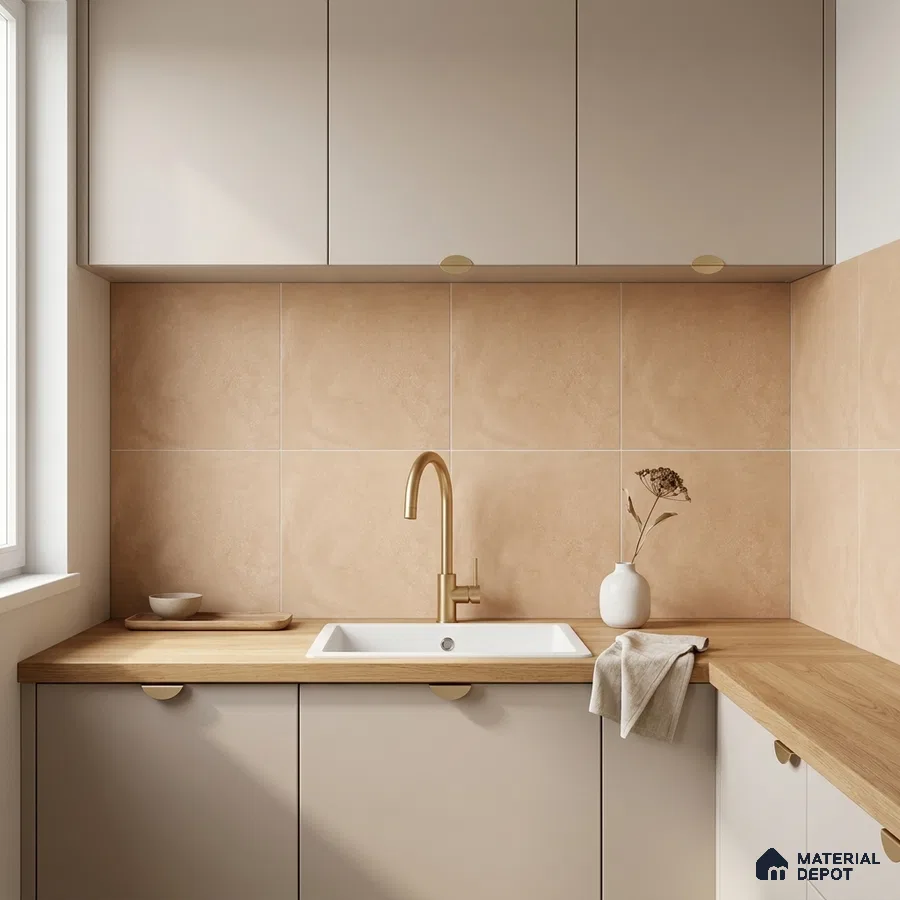 Scandinavian kitchen with beige stone wall tiles and light oak wood countertop