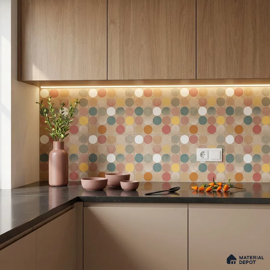 Modern kitchen with wood grain laminate cabinets, black quartz countertop, and multicolor geometric patterned backsplash tiles