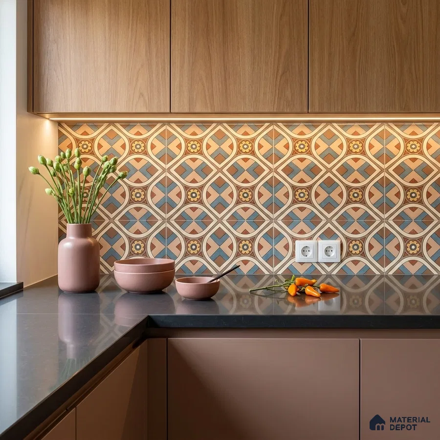 Modern kitchen with pastel pink laminate, wood grain upper cabinets, and geometric patterned backsplash tiles