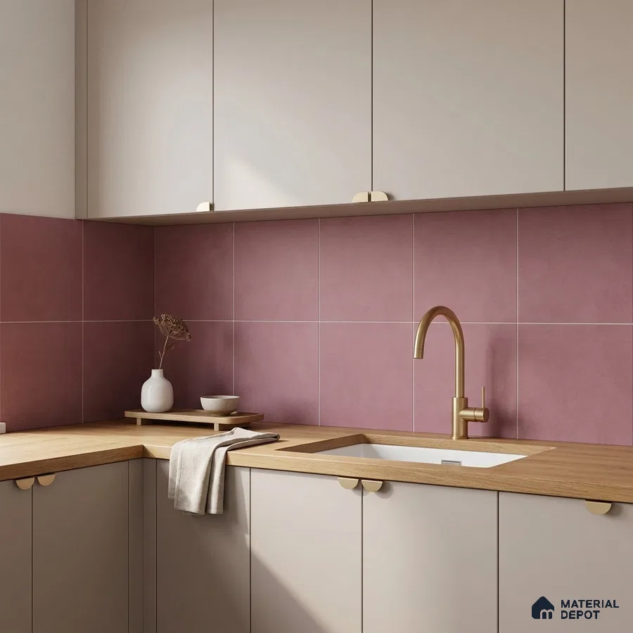 Modern kitchen with blush pink wall tiles, beige laminate cabinets, and light oak wood countertop