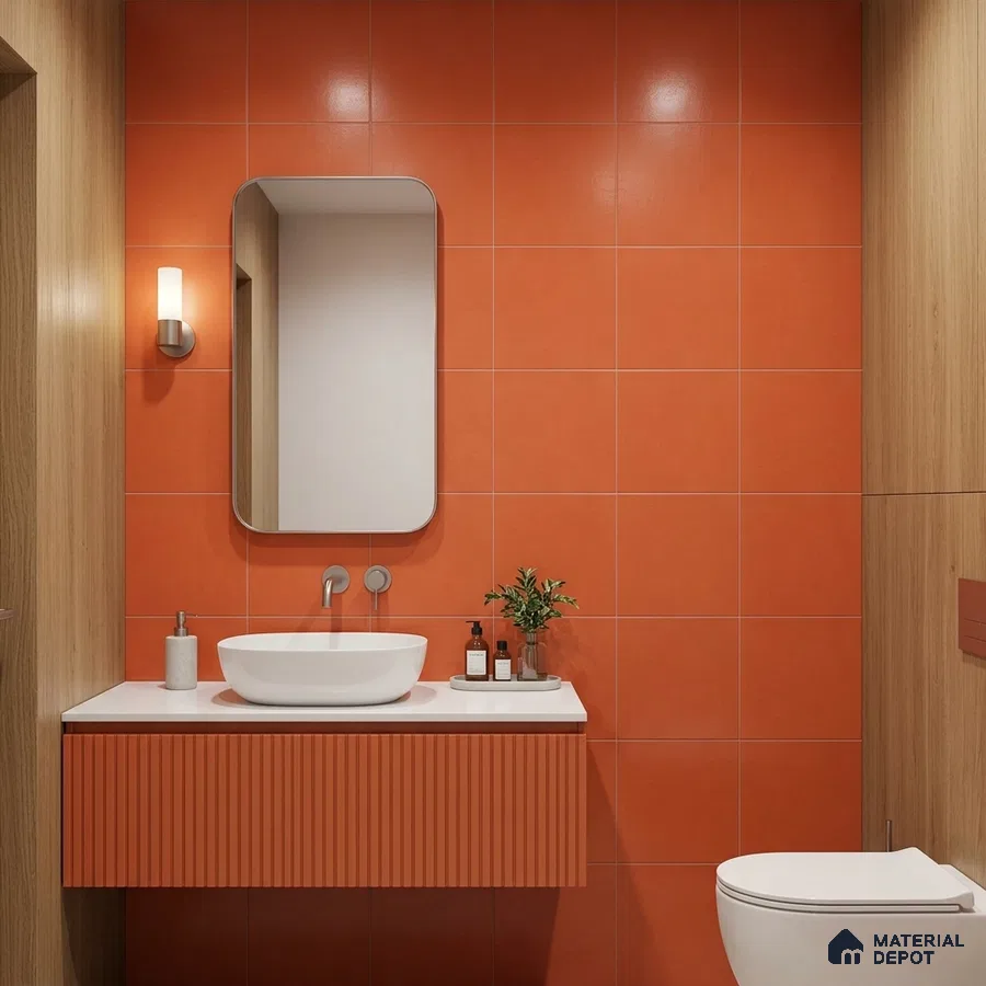 Modern bathroom with terracotta wall tiles and fluted terracotta vanity laminate