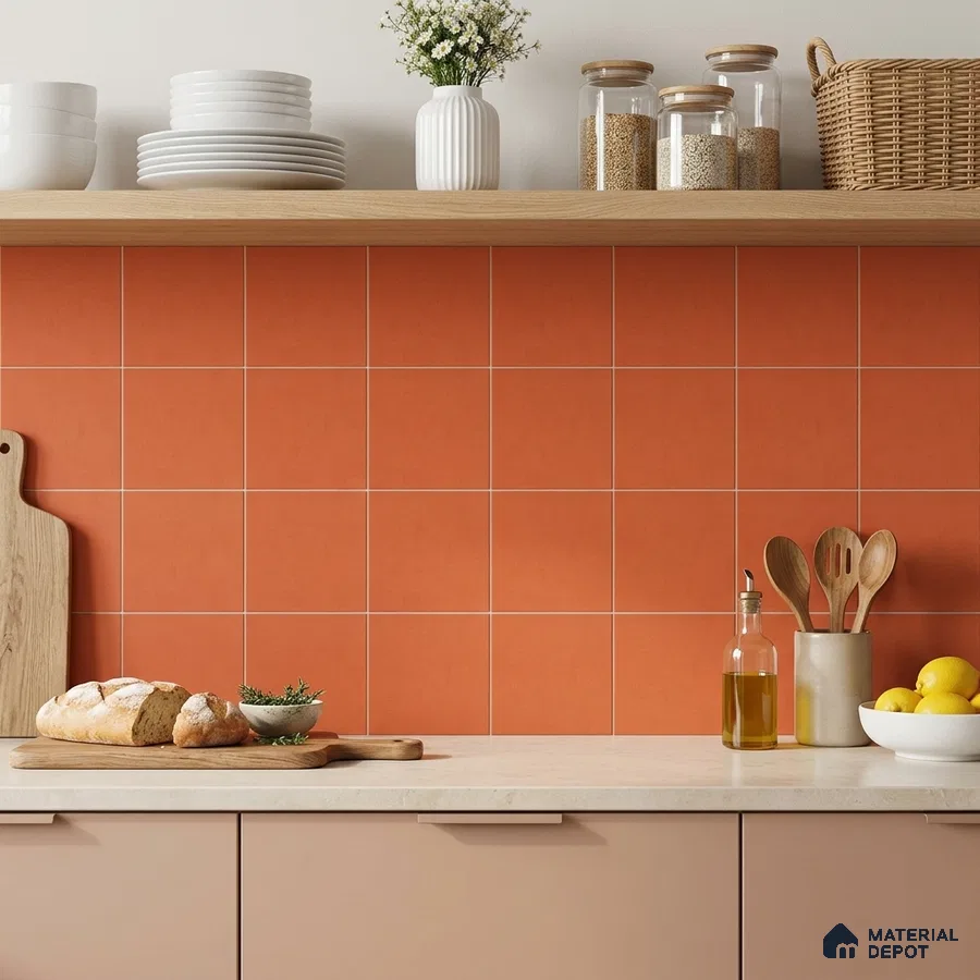 Scandinavian kitchen with terracotta square backsplash tiles and beige laminate cabinets