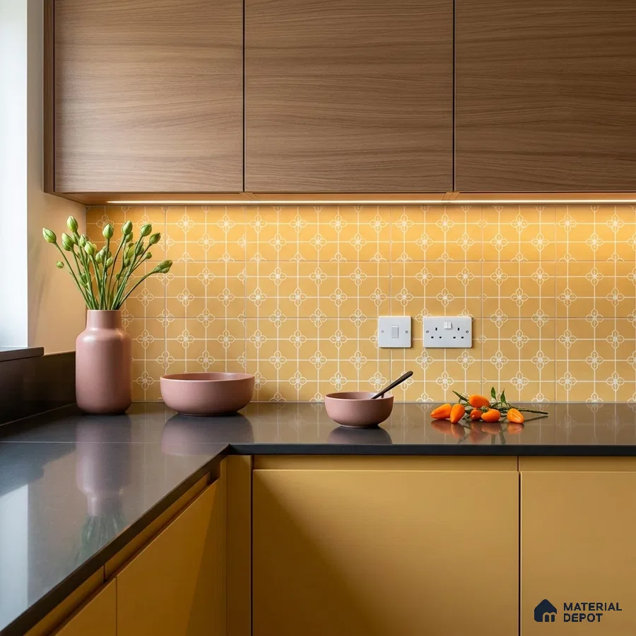 Modern kitchen with mustard yellow laminate, walnut laminate cabinets, and patterned yellow backsplash tile