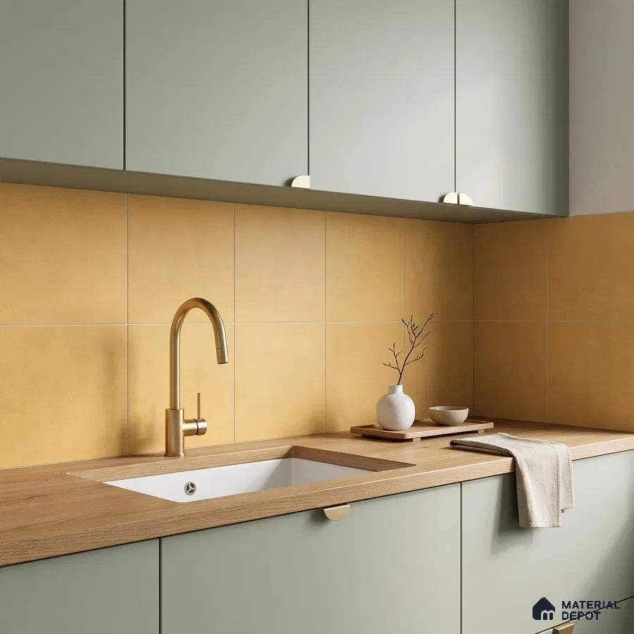 Scandinavian kitchen with sage green laminate cabinets, oak wood countertop, and matte mustard wall tiles