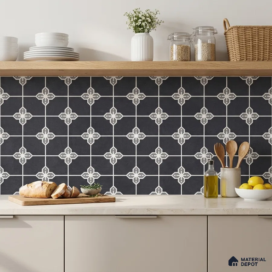 Modern kitchen with black and white geometric patterned backsplash tile and beige cabinets