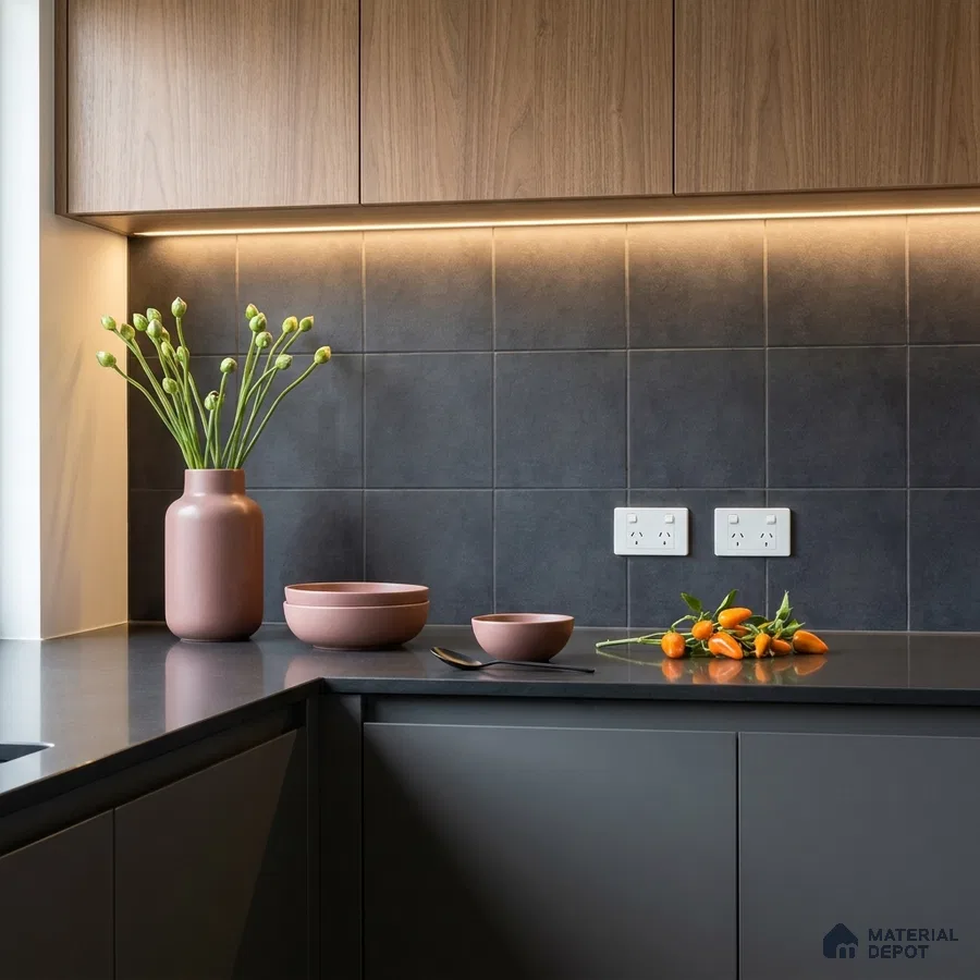 Modern kitchen with walnut wood laminate cabinets, matte black countertop, and charcoal grey wall tiles