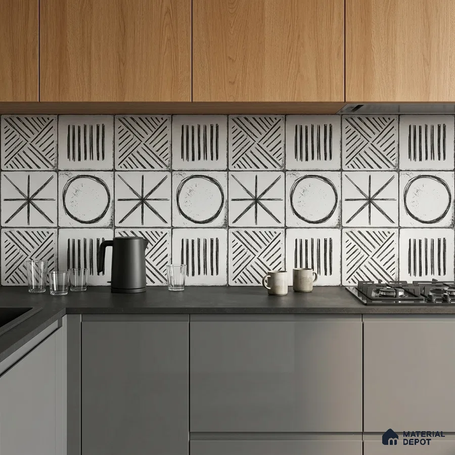 Modern kitchen with oak wood laminate, grey matte laminate, and geometric patterned backsplash tiles