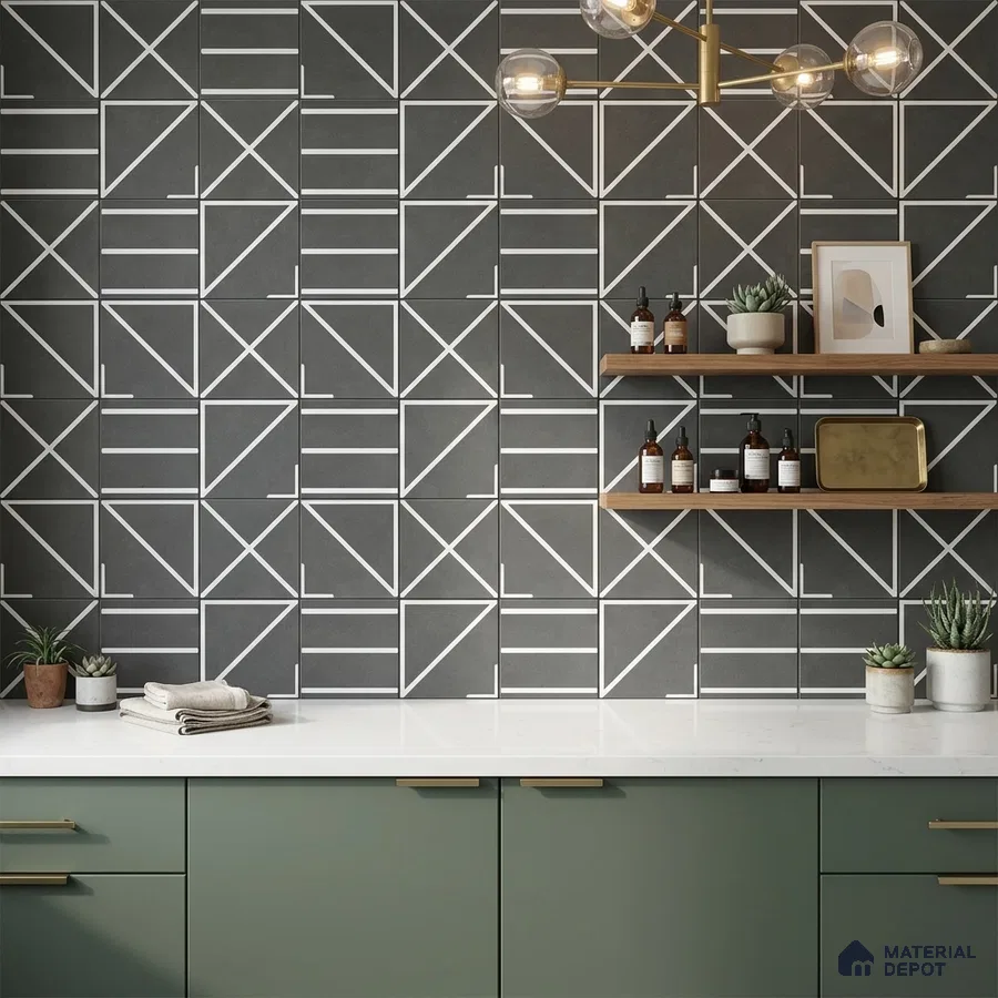Modern kitchen with sage green laminate cabinets, white quartz countertop, and geometric black-and-white wall tiles